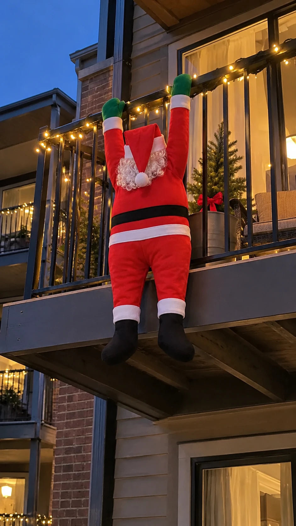Hanging Santa hanging from a lit apartment balcony railing at dusk, with string lights and a small Christmas tree behind him