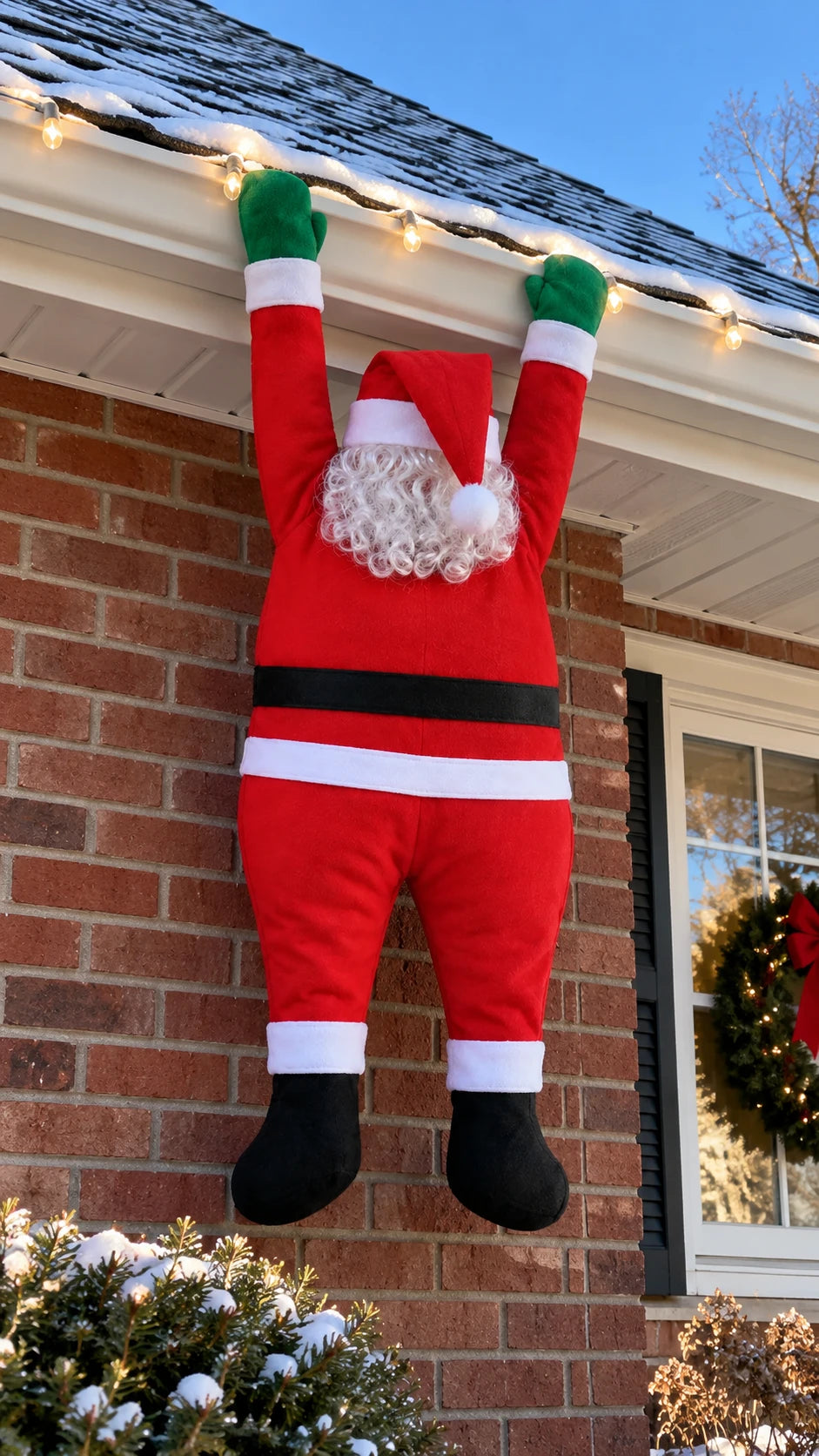 Hanging Santa hanging from the gutter of a red brick house on a clear winter day, with white string lights along the roof line