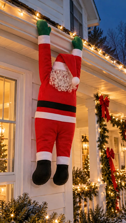 Hanging Santa hanging from the gutter of a white clapboard porch at night, surrounded by warm string lights, garland and red bows
