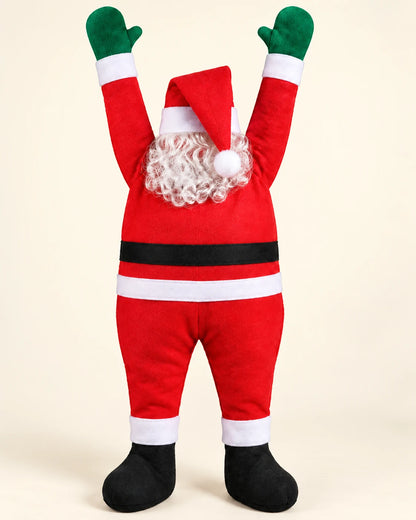 Hanging Santa on a plain cream background: red felt suit with white trim, black belt, black boots, green mittens and a white curly beard under a red hat