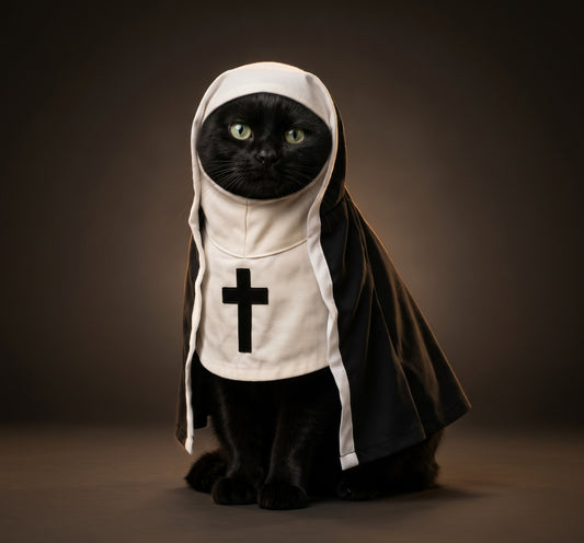 Nun style: a black cat in a cream wimple and black veil with a black cross on the chest