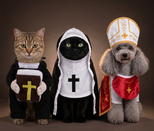 All three Holy Cat Costume styles together on a warm brown backdrop: a tabby cat in the Priest cassock holding a felt bible, a black cat in the Nun wimple and veil, and a grey poodle in the Pope mitre and red mozzetta